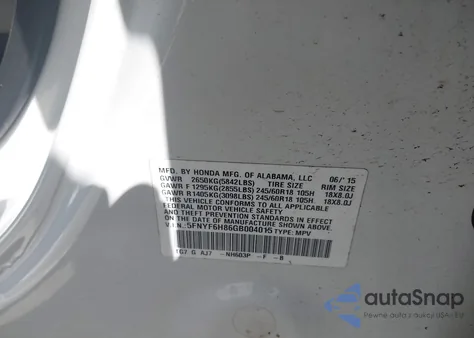 2016 Honda Pilot Ex-L z USA, uszkodzony, nr VIN 5FNYF6H86GB004015